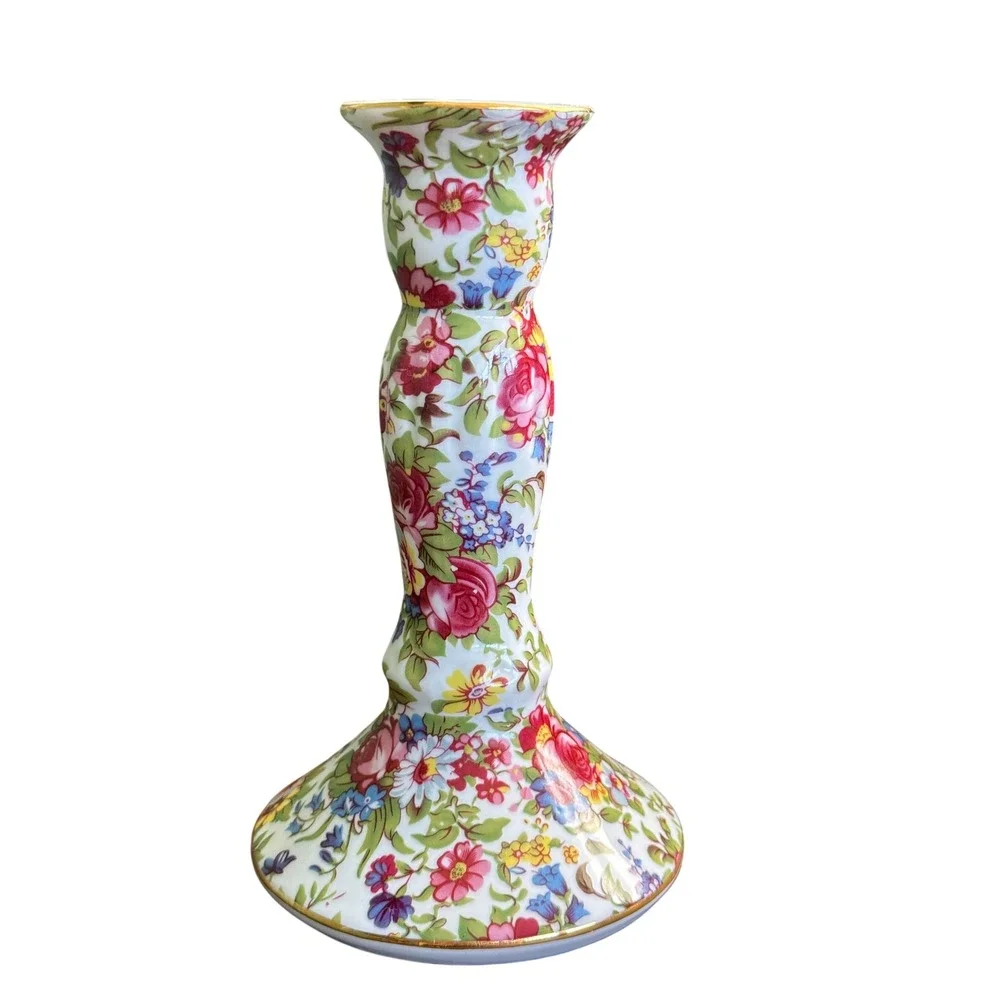 Royal Cotswolds Chintz Candlestick Holder Floral Rose Porcelain‎ Gold Rim 7 Inch